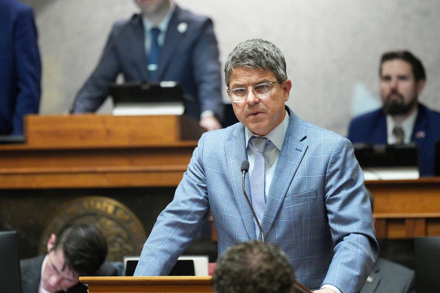 Indiana Senate President Pro Tempore Rodric Bray speaks in the Senate chamber at the Statehouse in Indianapolis, April 23, 2025. (AP Photo/AJ Mast, File)