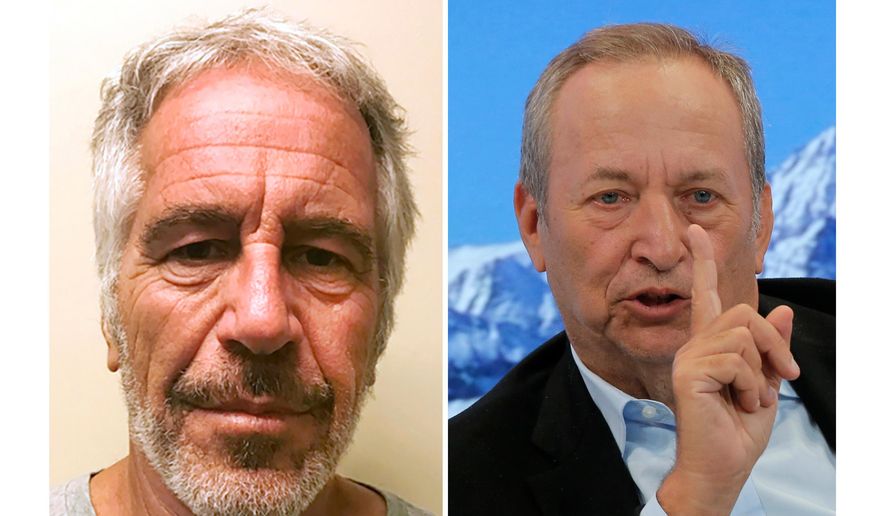 This combo shows Jeffrey Epstein, left, and U.S. economist Larry Summers. (New York State Sex Offender Registry via AP/Michel Euler)