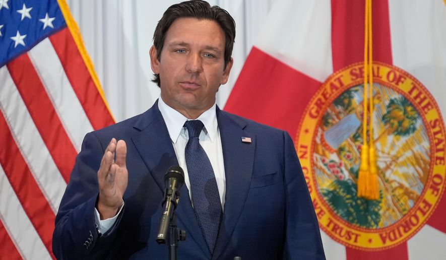 FILE - Florida Gov. Ron DeSantis speaks during a news conference Aug. 12, 2025, in Tampa, Fla. (AP Photo/Chris O'Meara, File)
