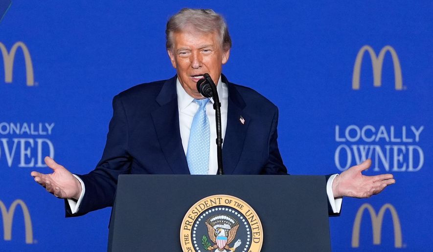 President Donald Trump speaks at the McDonald's Impact Summit, Monday, Nov. 17, 2025, in Washington. (AP Photo/Alex Brandon)