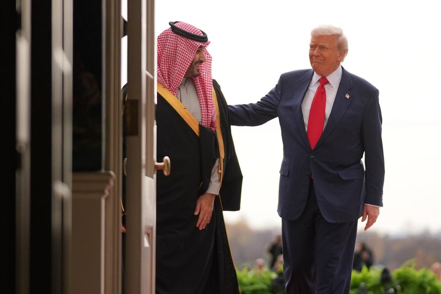 President Donald Trump welcomes Saudi Arabia's Crown Prince Mohammed bin Salman to the White House, Tuesday, Nov. 18, 2025, in Washington. (AP Photo/Evan Vucci)