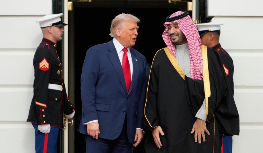 President Donald Trump welcomes Saudi Arabia's Crown Prince Mohammed bin Salman to the White House, Tuesday, Nov. 18, 2025, in Washington. (AP Photo/Mark Schiefelbein)