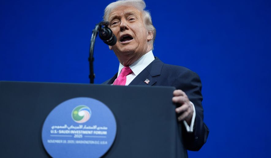 President Donald Trump speaks during the Saudi Investment Forum at the Kennedy Center, Wednesday, Nov. 19, 2025, in Washington. (AP Photo/Evan Vucci)