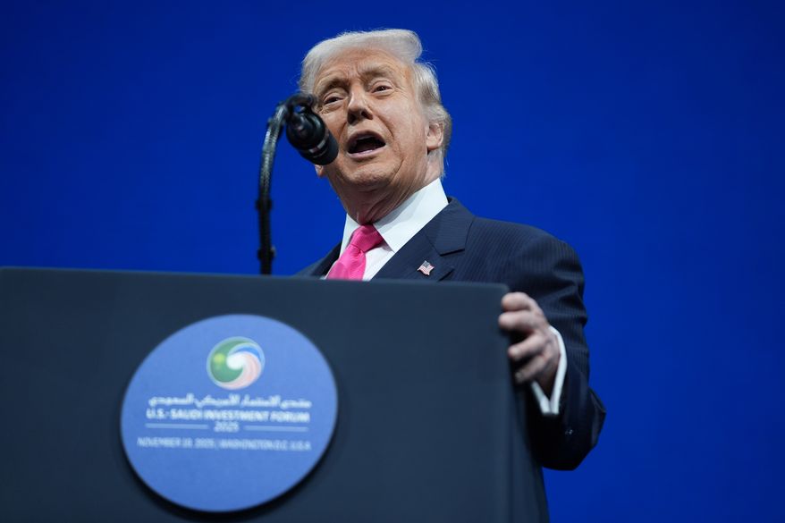 President Donald Trump speaks during the Saudi Investment Forum at the Kennedy Center, Wednesday, Nov. 19, 2025, in Washington. (AP Photo/Evan Vucci)