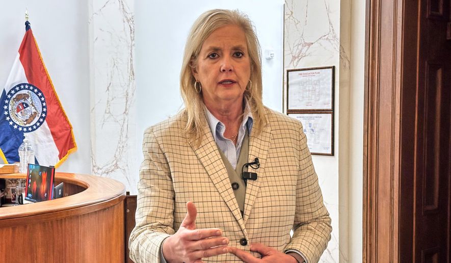 Missouri Attorney General Catherine Hanaway speaks to reporters on Wednesday, Nov. 19, 2025, at her office in Jefferson City, Mo. (AP Photo/David A. Lieb) ** FILE **