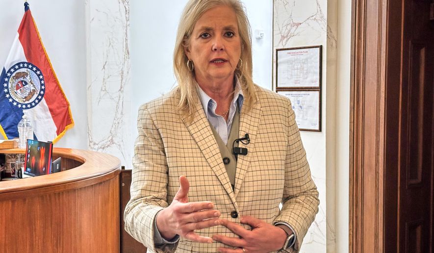 Missouri Attorney General Catherine Hanaway speaks to reporters on Wednesday, Nov. 19, 2025, at her office in Jefferson City, Mo. (AP Photo/David A. Lieb)