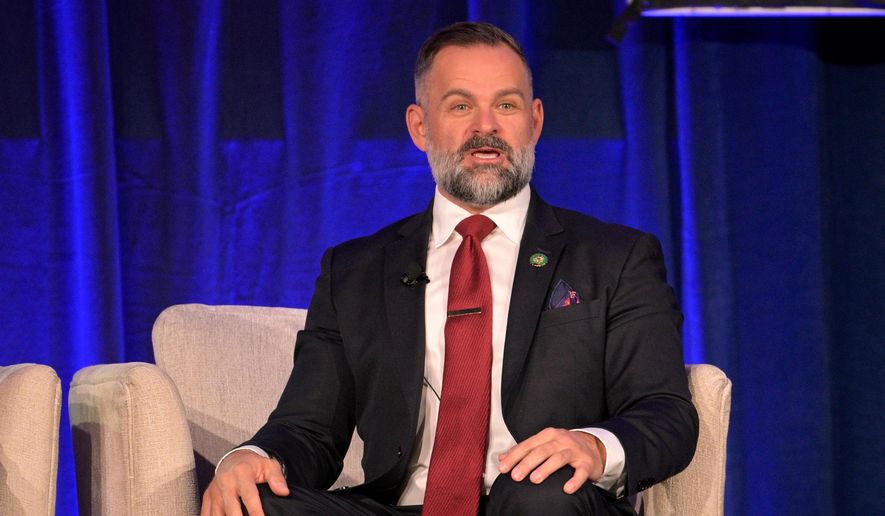 FILE - Rep. Cory Mills, R-Fla., participates in a discussion about Israel at the Republican Party of Florida Freedom Summit, Nov. 4, 2023, in Kissimmee, Fla. (AP Photo/Phelan M. Ebenhack, File)