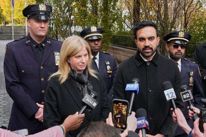 New York Mayor-elect Zohran Mamdani and New York City Police Commissioner Jessica Tisch meet the media after their visit to the New York City Police Memorial, Wednesday, Nov. 19, 2025. (AP Photo/Richard Drew)