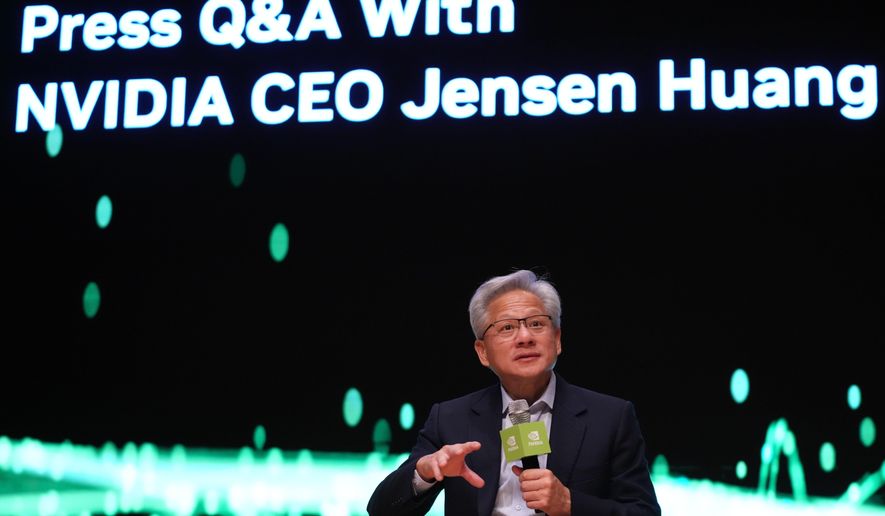 Nvidia CEO Jensen Huang speaks during a press conference at the Asia-Pacific Economic Cooperation (APEC) CEO summit in Gyeongju, South Korea, Friday, Oct. 31, 2025. (AP Photo/Lee Jin-man)