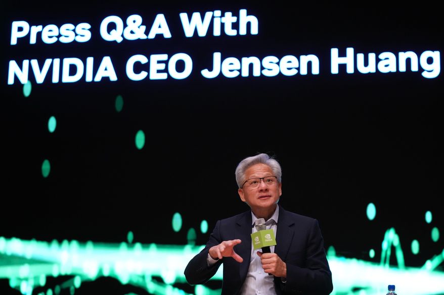 Nvidia CEO Jensen Huang speaks during a press conference at the Asia-Pacific Economic Cooperation (APEC) CEO summit in Gyeongju, South Korea, Friday, Oct. 31, 2025. (AP Photo/Lee Jin-man)