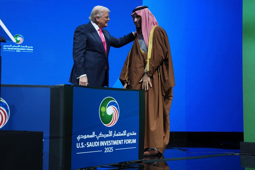 President Donald Trump speaks with Saudi Arabia's Crown Prince Mohammed bin Salman during the Saudi Investment Forum at the Kennedy Center, Wednesday, Nov. 19, 2025, in Washington. (AP Photo/Evan Vucci)