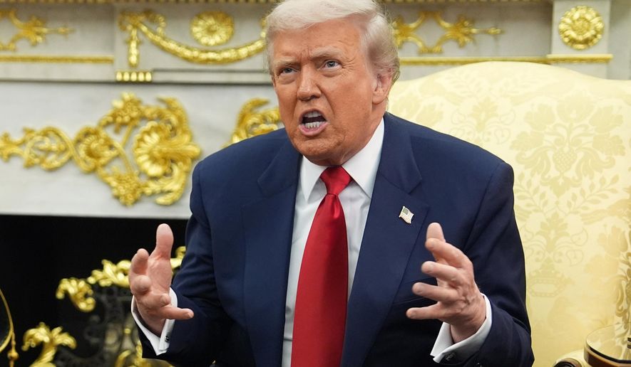 President Donald Trump speaks as he meets Saudi Arabia's Crown Prince Mohammed bin Salman in the Oval Office of the White House, Tuesday, Nov. 18, 2025, in Washington. (AP Photo/Evan Vucci)