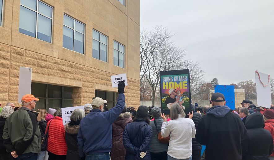 Protesters demand the release of Kilmar Abrego Garcia during a deportation hearing Thursday, Nov. 20, 2025, at the U.S. District Court in Greenbelt, Maryland. (Sean Salai/The Washington Times)
