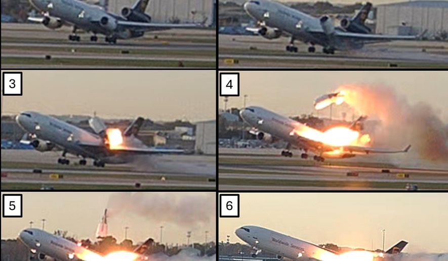 This combination photo provided by the National Transportation Safety Board (NTSB) via UPS shows a sequence of framegrabs made from video where an engine is seen detaching from the plane's left wing upon takeoff at the Louisville International Airport in Louisville, Nov. 4, 2025. (UPS/NTSB via AP)