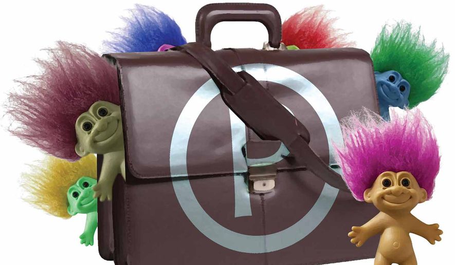 Patent trolls and the U.S. Patent and Trademark Office illustration by Alexander Hunter/The Washington Times