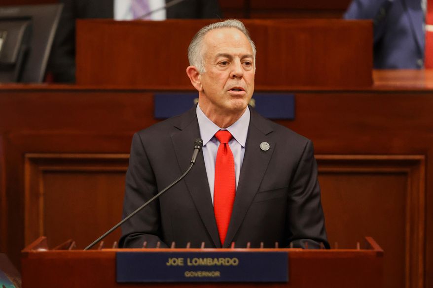 FILE - Nevada Gov. Joe Lombardo delivers his State of the State address, Jan. 15, 2025, in Carson City, Nev. (Madeline Carter/Las Vegas Review-Journal via AP)