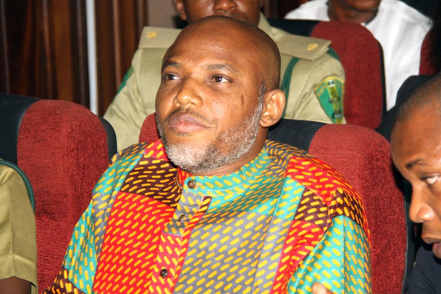 In this Jan. 29, 2016 file photo, Biafran separatist leader Nnamdi Kanu attends a court hearing at the Federal High court in Abuja, Nigeria. (AP Photo/ File)