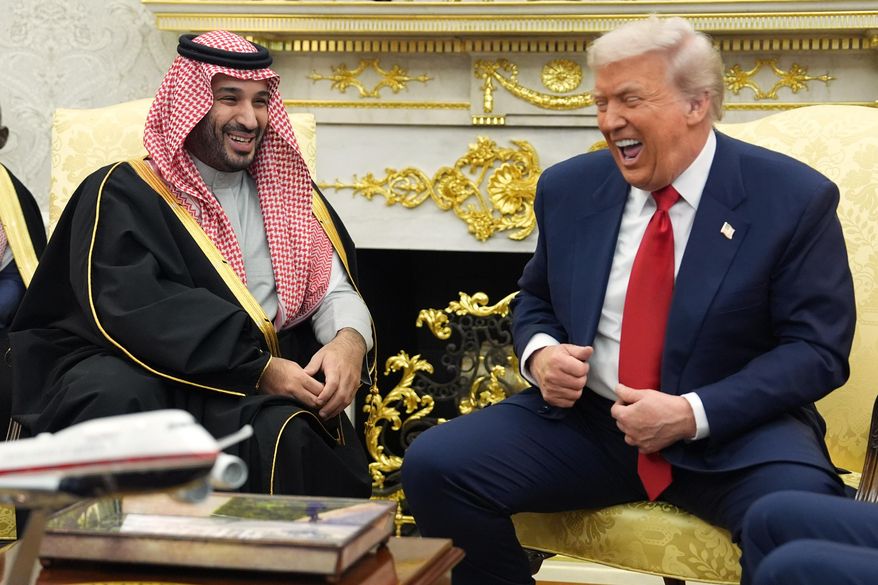 President Donald Trump meets with Saudi Arabia's Crown Prince Mohammed bin Salman in the Oval Office of the White House in Washington, Nov. 18, 2025. (AP Photo/Evan Vucci, File)