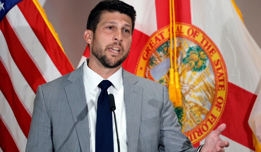 Florida Attorney General James Uthmeier speaks during a news conference at Palm Beach State College in Lake Worth, Fla., on Wednesday, Aug. 20, 2025. (Amy Beth Bennett/South Florida Sun-Sentinel via AP) **FILE**