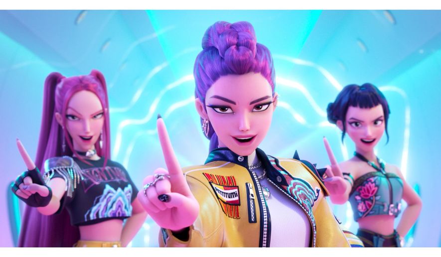 This image released by Netflix shows characters, from left, Mira, Rumi, Zoey in a scene from "KPop Demon Hunters." (Netflix via AP)