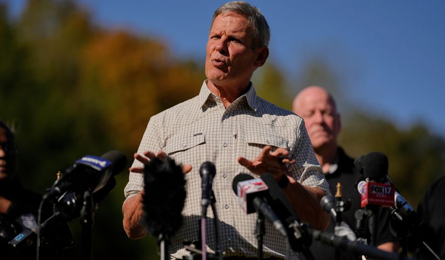 FILE - Gov. Bill Lee speaks about the blast at Accurate Energetic Systems during a news conference, Sunday, Oct. 12, 2025, in McEwen, Tenn. (AP Photo/George Walker IV, file)