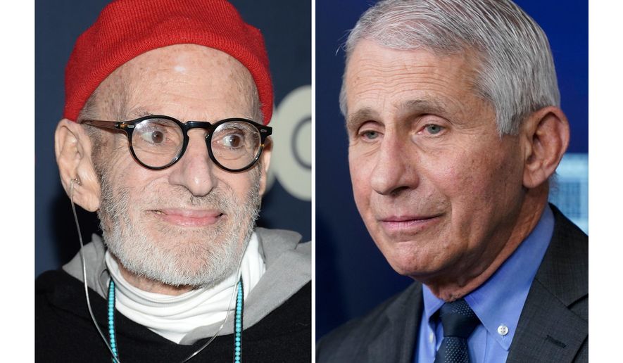 Playwright Larry Kramer appears at the premiere of HBO Films' "The Normal Heart" in New York on May 12, 2014, left, and Dr. Anthony Fauci appears during a press briefing at the White House in Washington on April 13, 2021. (AP Photo)