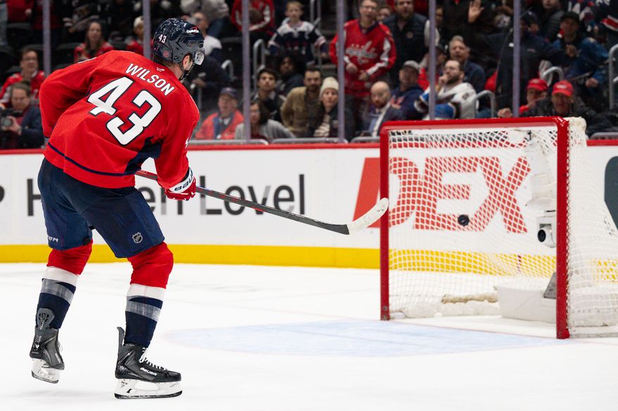 Washington Capitals right wing Tom Wilson (43) scores his second empty-net goal of the game during the third period against the Edmonton Oilers at Capital One Arena, Washington, D.C., November 19, 2025. (Photo by Brian Murphy for the Washington Times)
