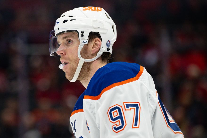 Edmonton Oilers center Connor McDavid (97) skates to the bench for a quick breather during a stoppage in play against the Washington Capitals at Capital One Arena, Washington, D.C., November 19, 2025. (Photo by Brian Murphy for the Washington Times)