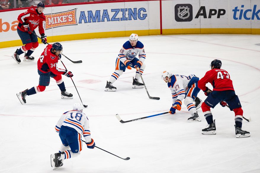 Washington Capitals right wing Justin Sourdif (34) fires a wrist shot on net during the second period against the Edmonton Oilers at Capital One Arena, Washington, D.C., November 19, 2025. (Photo by Brian Murphy for the Washington Times)