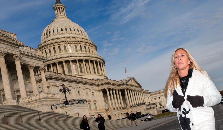 Rep. Marjorie Taylor Greene, R-Ga., arrives to a news conference on the Epstein Files Transparency Act, Tuesday, Nov. 18, 2025, outside the U.S. Capitol in Washington. (AP Photo/Julia Demaree Nikhinson)