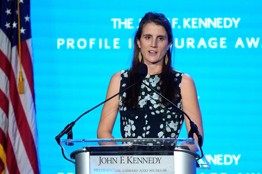 Tatiana Schlossberg, the daughter of Caroline Kennedy and Edwin Schlossberg, addresses an audience during the John F. Kennedy Profile in Courage Award ceremony, at the John F. Kennedy Presidential Library and Museum in Boston, Oct. 29, 2023. (AP Photo/Steven Senne, File)
