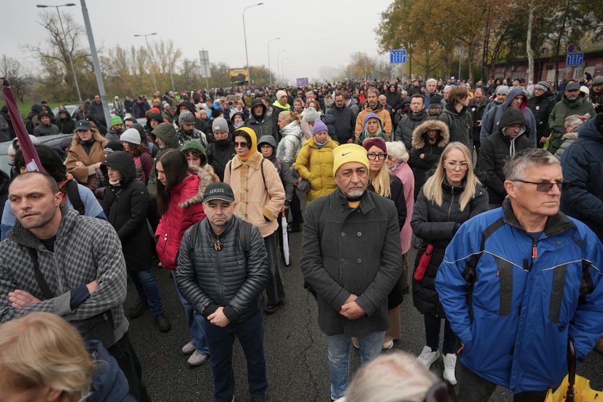 People attend a student-led march marking one year since a physically attack by an organised group of people on a commemoration protest over a train station tragedy, in Belgrade, Serbia, Saturday, Nov. 22, 2025. (AP Photo/Darko Vojinovic)