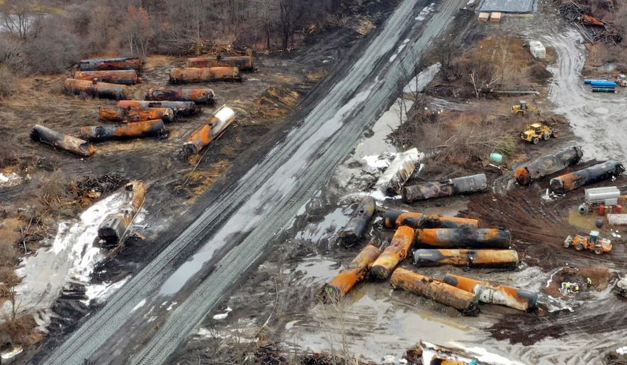 An aerial view of the cleanup of a derailed Norfolk Southern freight train, in East Palestine, Ohio, Feb. 9, 2023. (AP Photo/Gene J. Puskar, File)