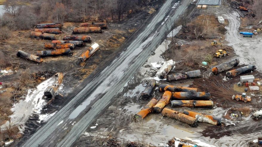 An aerial view of the cleanup of a derailed Norfolk Southern freight train, in East Palestine, Ohio, Feb. 9, 2023. (AP Photo/Gene J. Puskar, File)