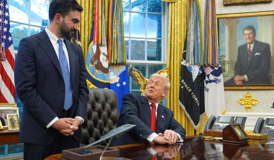 President Donald Trump and New York City Mayor-elect Zohran Mamdani after their meeting in the Oval Office of the White House, in Washington, Friday, Nov. 21, 2025. (AP Photo/Evan Vucci)