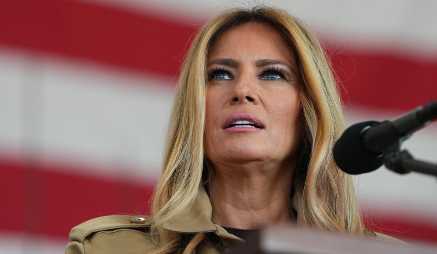 First lady Melania Trump speaks at the Mega Hangar at the Marine Corps Air Station New River in Jacksonville, N.C., on Wednesday, Nov. 19, 2025. (AP Photo/Matt Rourke) **FILE**