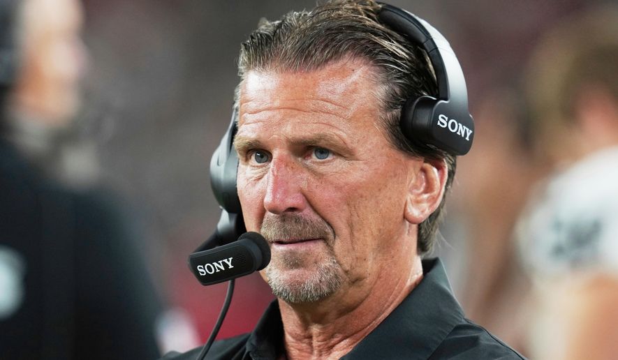 FILE - Las Vegas Raiders coach Greg Olson during the first half of an NFL football game against the Arizona Cardinals, Aug.23, 2025, in Glendale, Ariz. (AP Photo/Rick Scuteri, File)