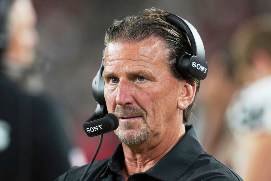 FILE - Las Vegas Raiders coach Greg Olson during the first half of an NFL football game against the Arizona Cardinals, Aug.23, 2025, in Glendale, Ariz. (AP Photo/Rick Scuteri, File)