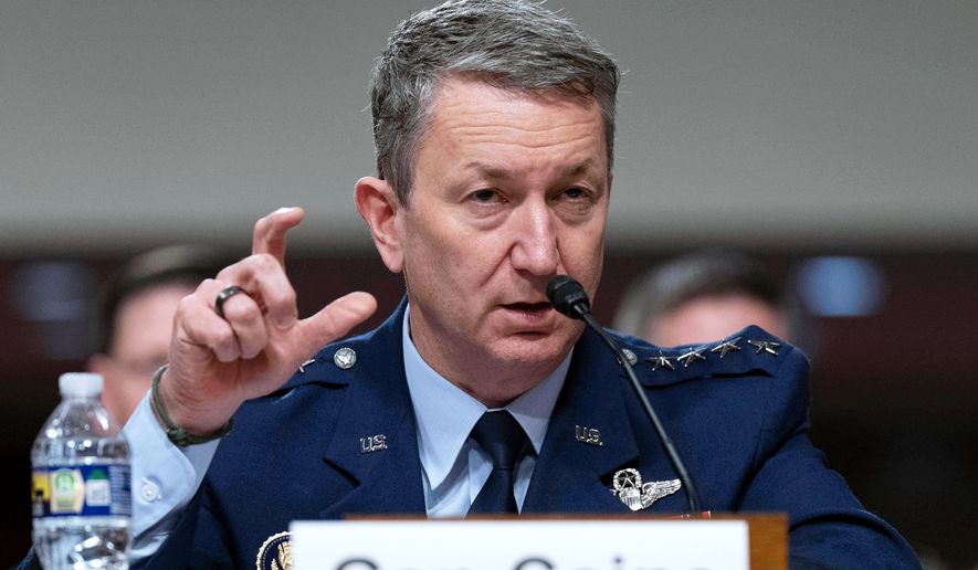 FILE - Chairman of the Joint Chiefs of Staff General Dan Caine testifies before Senate Armed Services Committee hearing on Capitol Hill in Washington, June 18, 2025. (AP Photo/Jose Luis Magana, File)