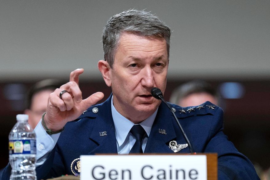 FILE - Chairman of the Joint Chiefs of Staff General Dan Caine testifies before Senate Armed Services Committee hearing on Capitol Hill in Washington, June 18, 2025. (AP Photo/Jose Luis Magana, File)