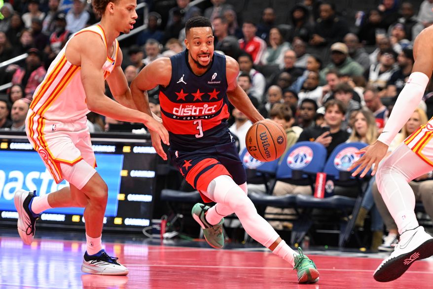 Washington Wizards guard CJ McCollum (3) driving to the basket during the fourth quarter of an NBA game against the Atlanta Hawks at Capital One Arena in Washington D.C., November 25, 2025. (Photo for the Washington Times)