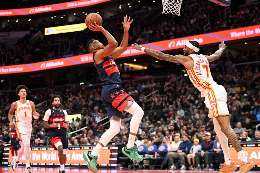 Washington Wizards guard CJ McCollum (3) putting up a shot during the fourth quarter of an NBA game against the Atlanta Hawks at Capital One Arena in Washington D.C., November 25, 2025. (Photo for the Washington Times)