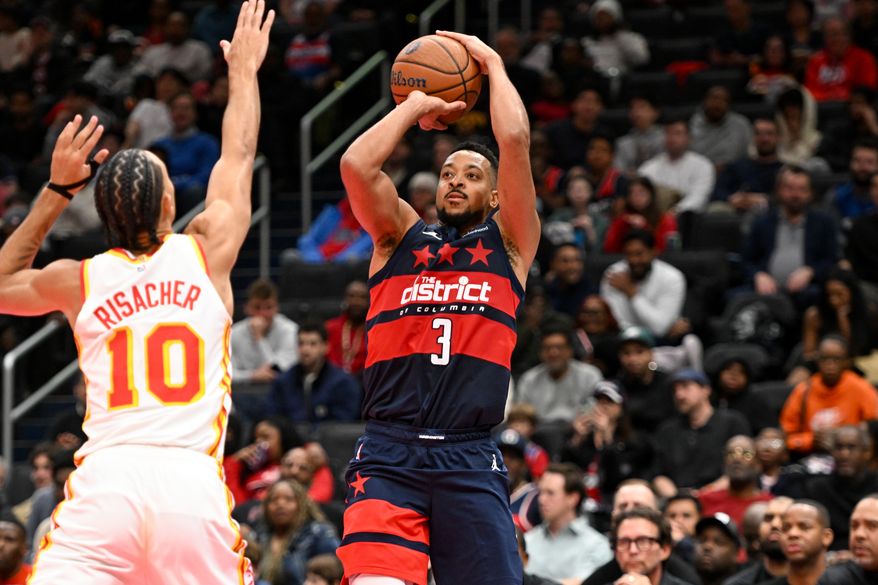 Washington Wizards guard CJ McCollum (3) taking a shot during the fourth quarter of an NBA game against the Atlanta Hawks at Capital One Arena in Washington D.C., November 25, 2025. (Photo for the Washington Times)