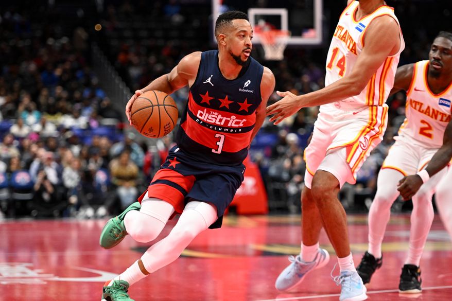 Washington Wizards guard CJ McCollum (3) dribbling the ball during the fourth quarter of an NBA game against the Atlanta Hawks at Capital One Arena in Washington D.C., November 25, 2025. (Photo for the Washington Times)