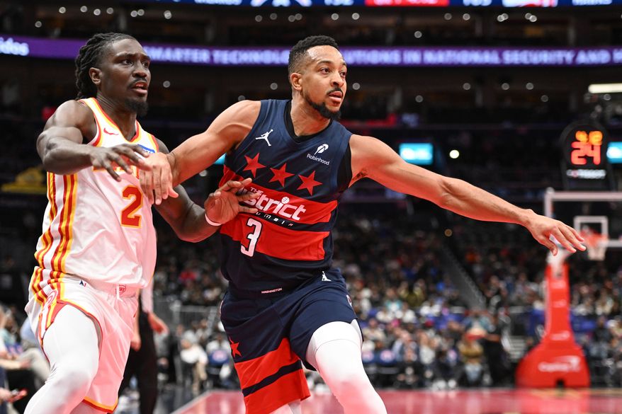 Washington Wizards guard CJ McCollum (3) chasing a loose ball during the fourth quarter of an NBA game against the Atlanta Hawks at Capital One Arena in Washington D.C., November 25, 2025. (Photo for the Washington Times)