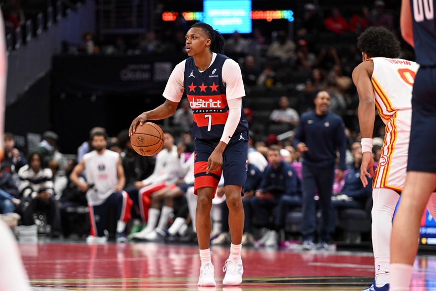 Washington Wizards guard Bub Carrington (7) bringing the ball up court during the fourth quarter of an NBA game against the Atlanta Hawks at Capital One Arena in Washington D.C., November 25, 2025. (Photo for the Washington Times)