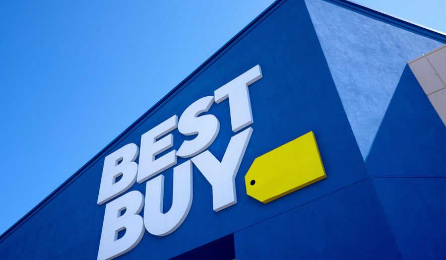 FILE - A Best Buy logo is shown at a store in Dallas on Oct. 25, 2024. (AP Photo/Tony Gutierrez, File)