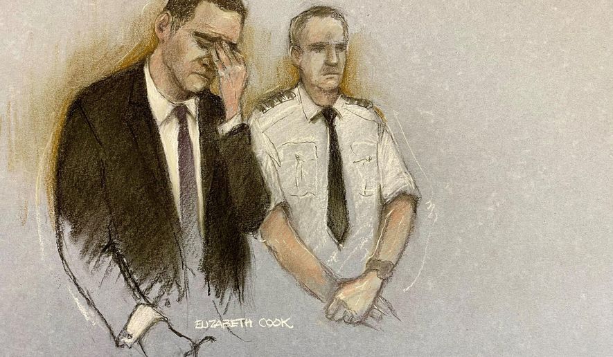 This courtroom sketch by Elizabeth Cook shows Paul Doyle appearing at Liverpool Crown Court, Tuesday Nov. 25, 2025, during his trial where he is accused of multiple offenses after allegedly driving into crowds of football fans gathered in the city centre for the Liverpool FC end of season victory parade on May 26. (Elizabeth Cook/PA via AP)