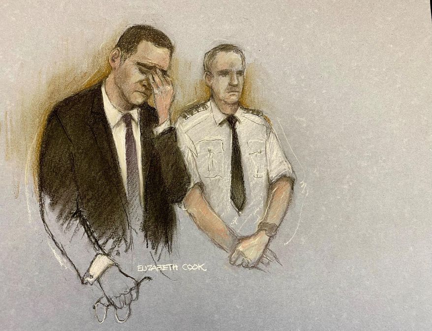 This courtroom sketch by Elizabeth Cook shows Paul Doyle appearing at Liverpool Crown Court, Tuesday Nov. 25, 2025, during his trial where he is accused of multiple offenses after allegedly driving into crowds of football fans gathered in the city centre for the Liverpool FC end of season victory parade on May 26. (Elizabeth Cook/PA via AP)