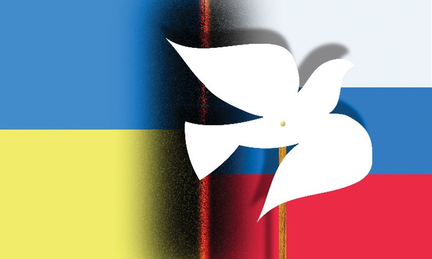 The Russia-Ukraine war peace plan illustration by Alexander Hunter/The Washington Times